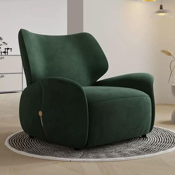 A single sitting sofa of green colour with best finish is showing at upholstery shop in dubai