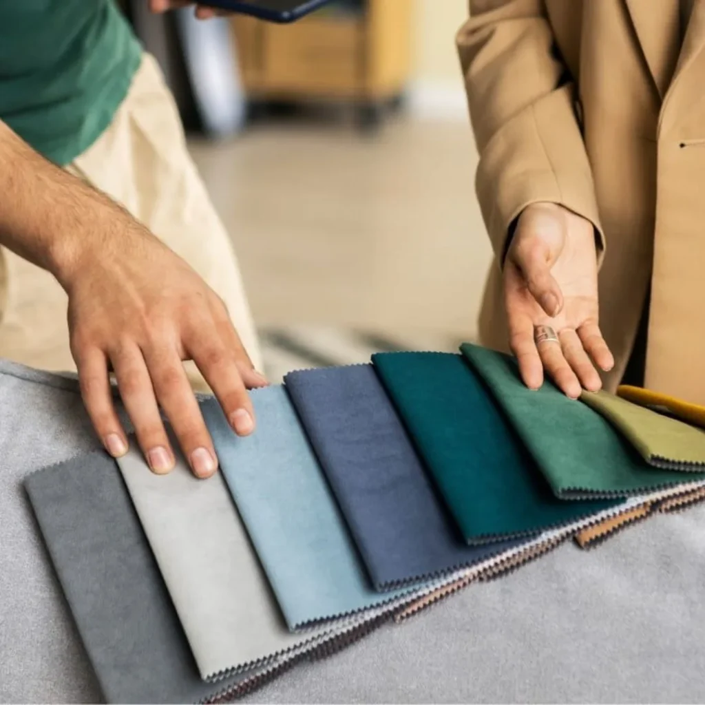 Guide showing how to choose upholstery fabric for sofa with fabric swatches and color options