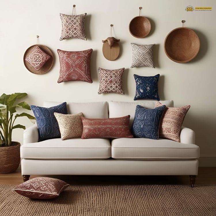 Stylish living room sofa with assorted decorative cushions showing how to choose cushions for sofa