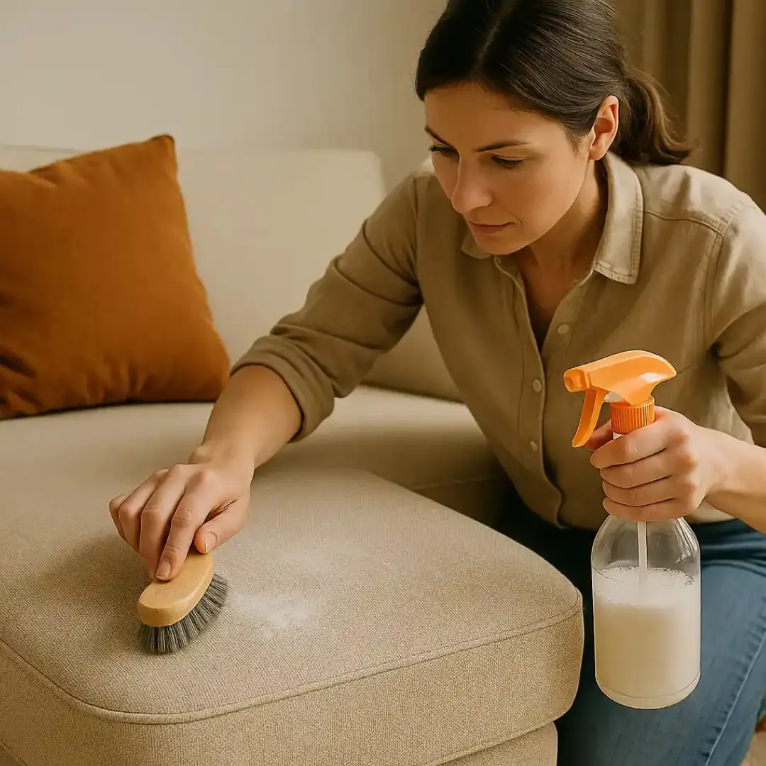 Woman using a dry cleaning spray and brush – How to Clean Fabric Sofa Without Water