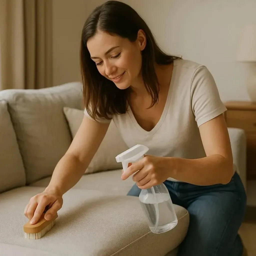 How to clean your sofa at home using a scrub brush and spray bottle on a modern beige couch