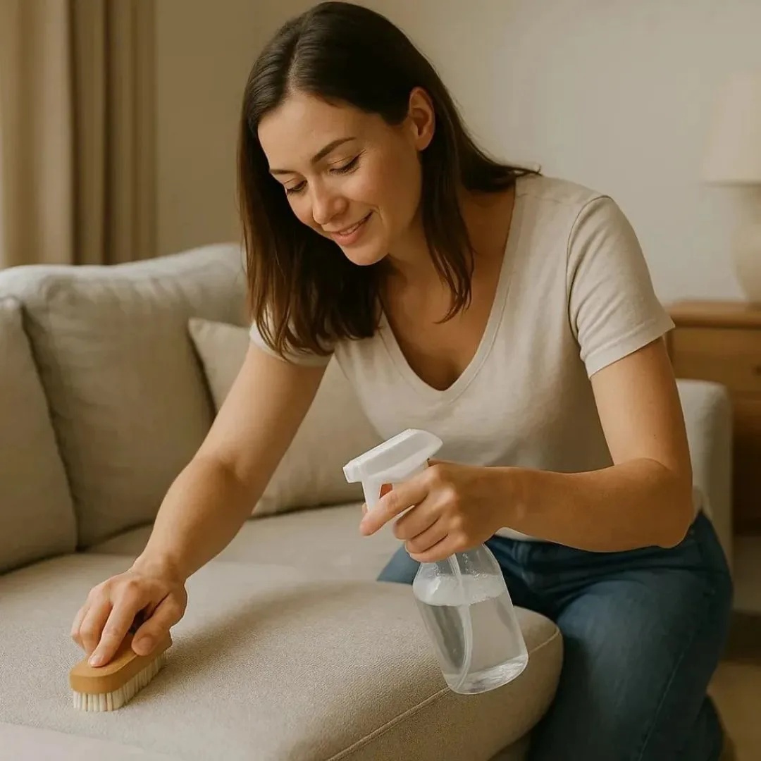 How to clean your sofa at home using a scrub brush and spray bottle on a modern beige couch
