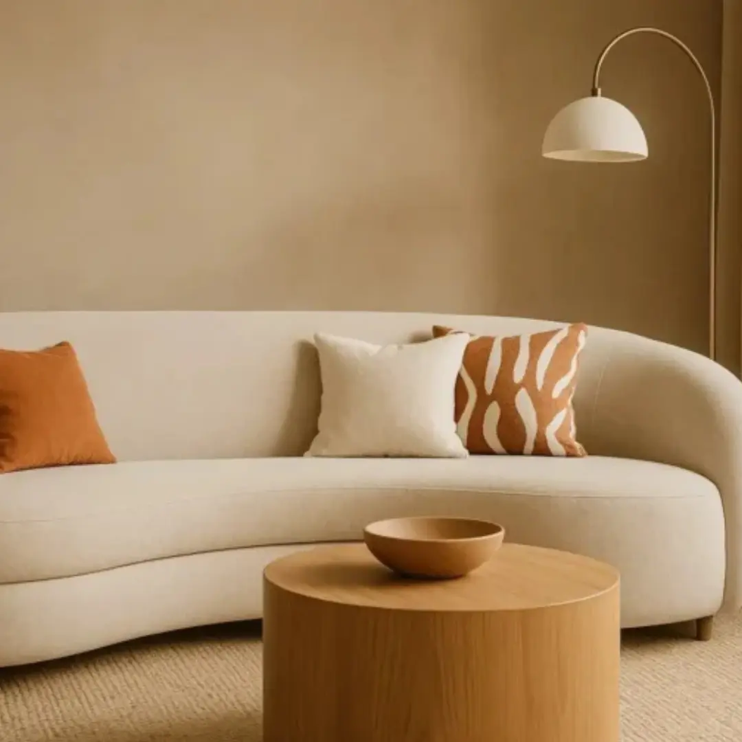 Modern beige curved sofa highlighting the rise of curved furniture in luxury interiors
