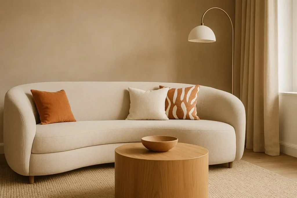 Modern beige curved sofa highlighting the rise of curved furniture in luxury interiors