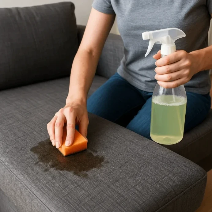 Person using a sponge and spray bottle to clean oil stains from a grey fabric sofa