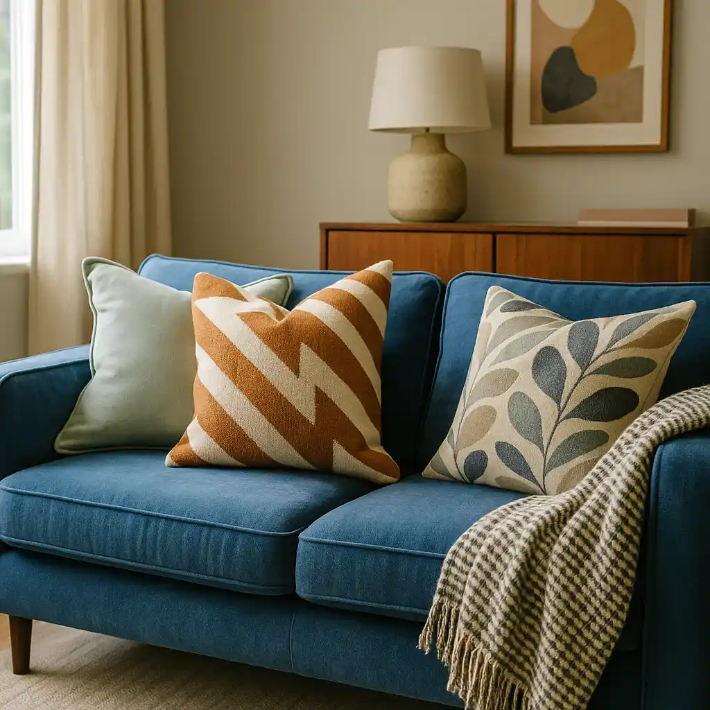 Bold patterned cushions and textured upholstery fabric trends on a modern blue sofa.