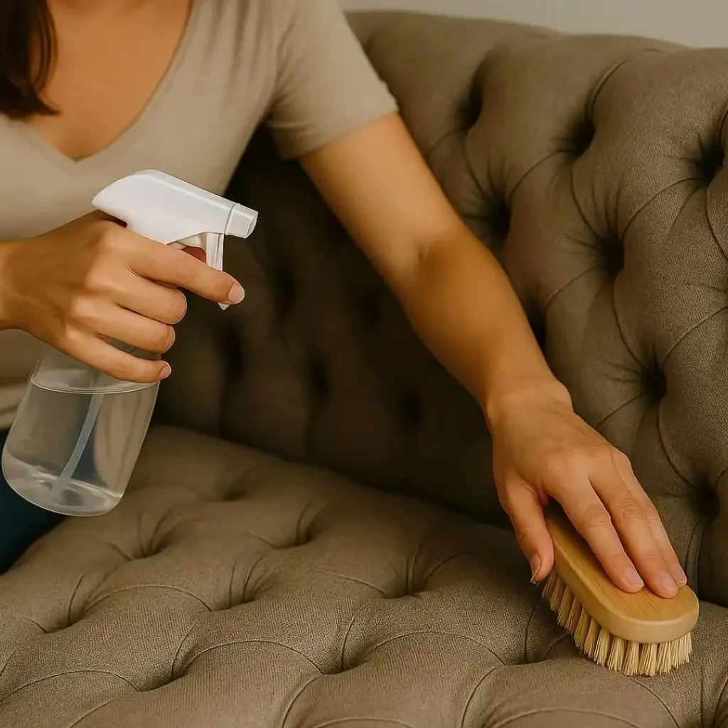 How to clean Chesterfield sofa buttons with a microfiber cloth and spray
