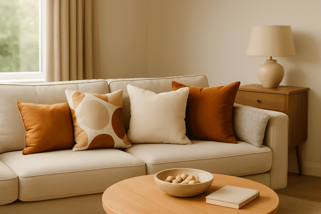 A modern living room showing how to style cushions on a sofa with a mix of sizes and textures