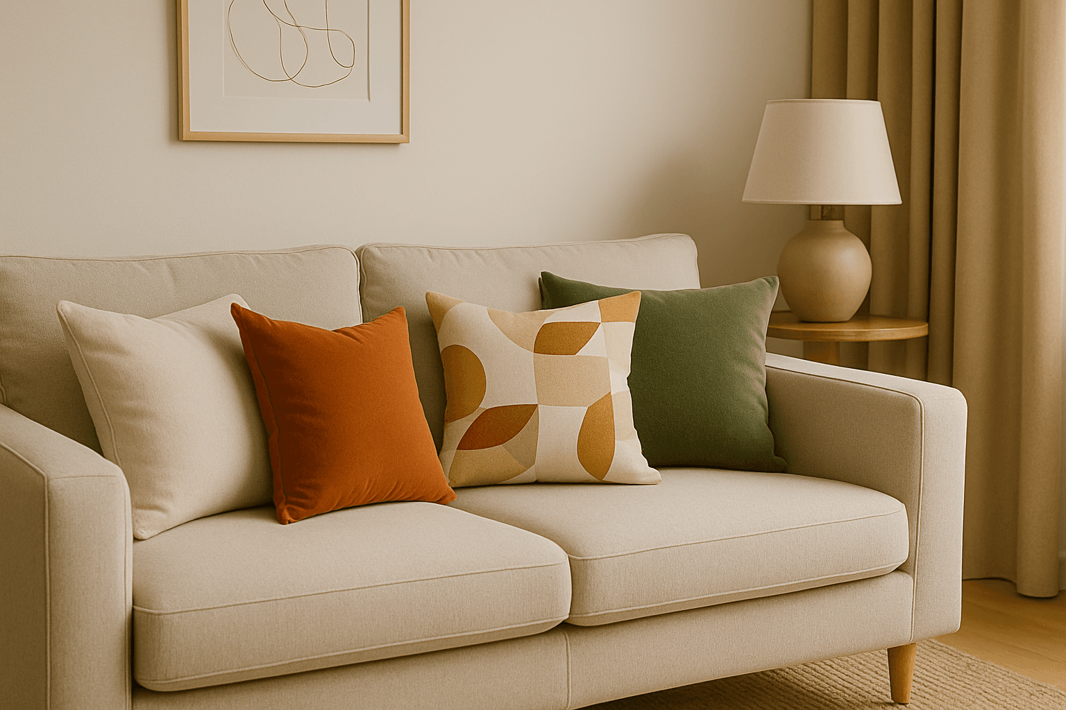 A cozy living room showing how to style cushions on a sofa with earthy tones and soft textures