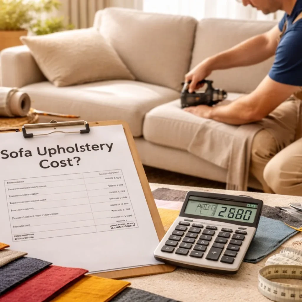 Sofa upholstery cost in Dubai shown through a professional reupholstery process with fabric samples and cost estimation tools
