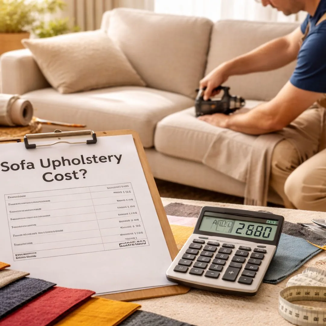 Sofa upholstery cost in Dubai shown through a professional reupholstery process with fabric samples and cost estimation tools