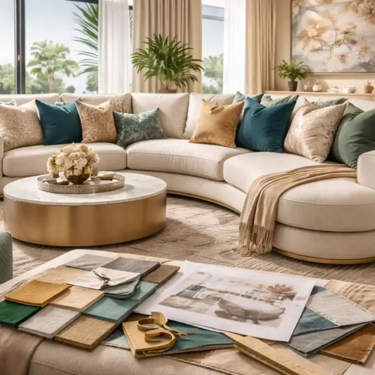 Custom sofa upholstery design idea Dubai featuring a modern luxury living room with a bespoke curved sofa, premium fabric, and elegant interior styling.