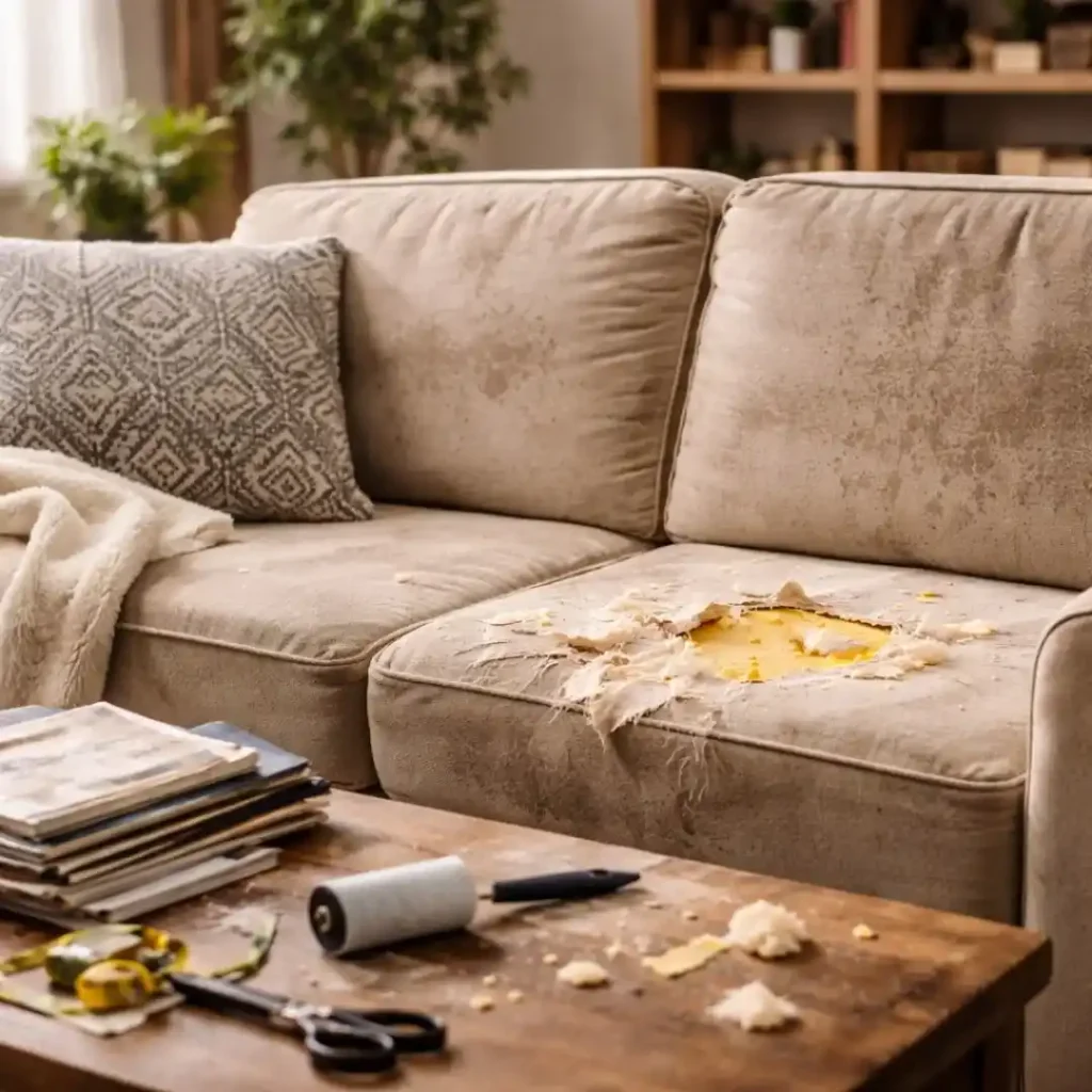 Signs to Replace Sofa Upholstery shown through worn fabric, sagging cushions, and exposed foam on an old sofa in a living room setting