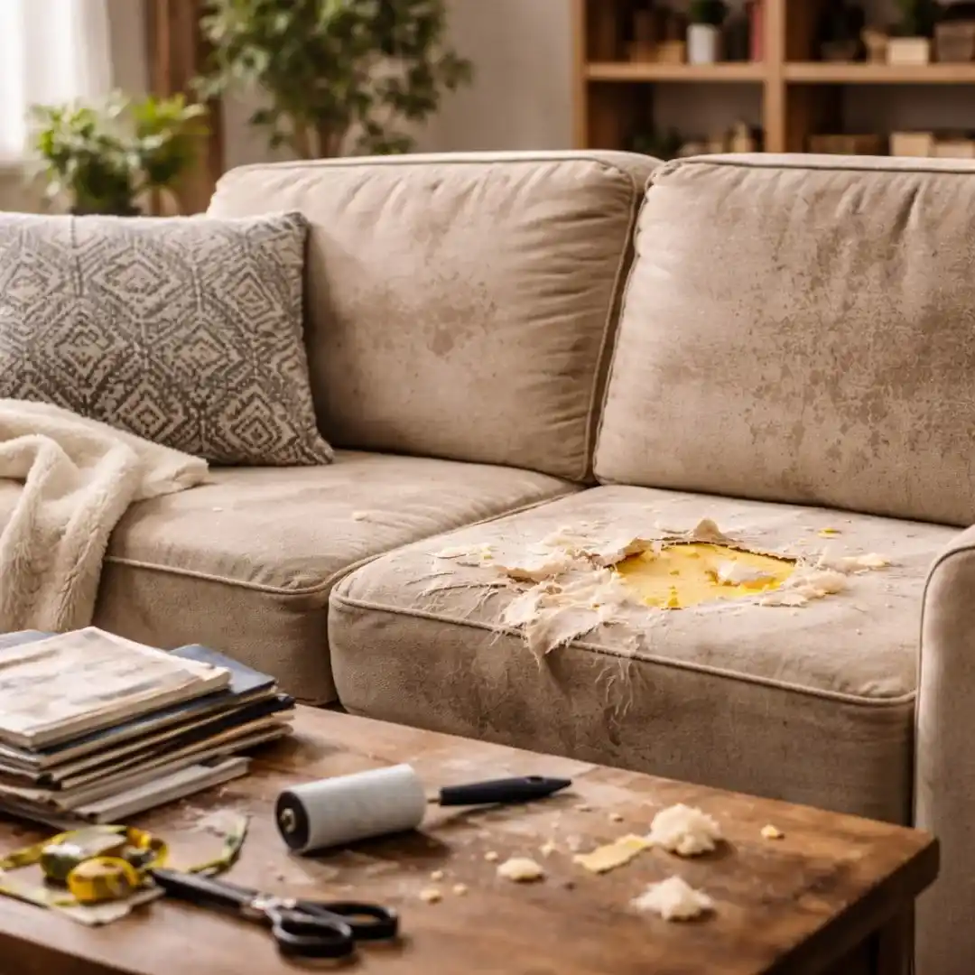 Signs to Replace Sofa Upholstery shown through worn fabric, sagging cushions, and exposed foam on an old sofa in a living room setting