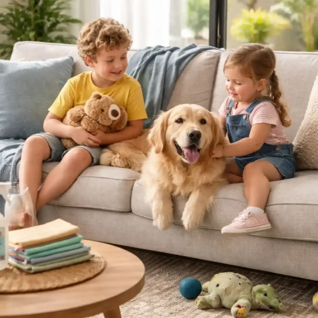 Best upholstery fabric for kids and pets showcased on a stain-resistant sofa with children and a pet enjoying a comfortable living space