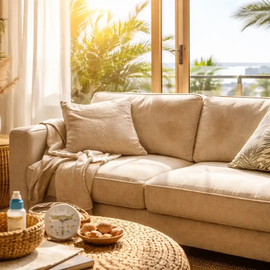 Dubai climate effect on sofa upholstery showing fabric wear caused by heat, sunlight, and humidity in a modern living room.