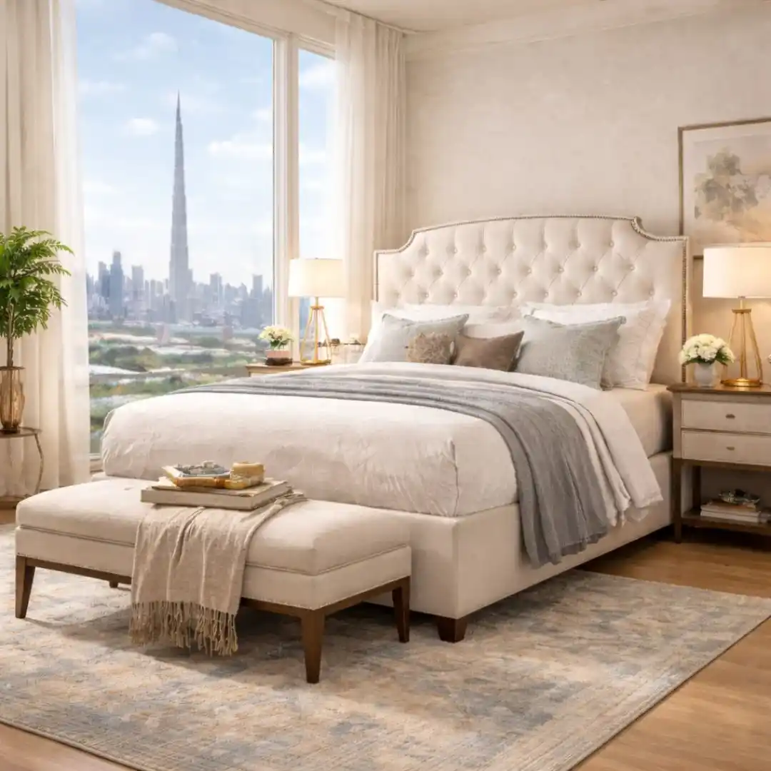 Benefits of Professional Bed Upholstery showing a luxury upholstered bed with a padded headboard and premium fabric finish in a modern Dubai bedroom