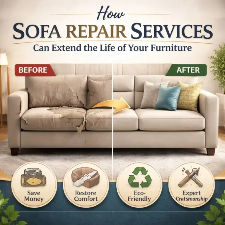 Before and after sofa transformation showing how sofa repair services can extend life of worn furniture with restored cushions and fabric.