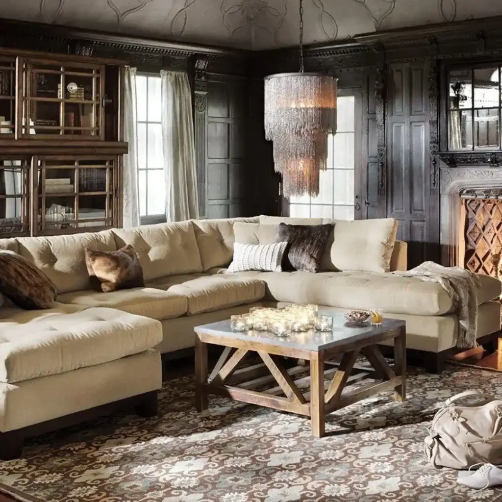 Villa Sofa Makeover with Premium Fabric showing old sofa transformed into a modern luxury design with high-quality fabric