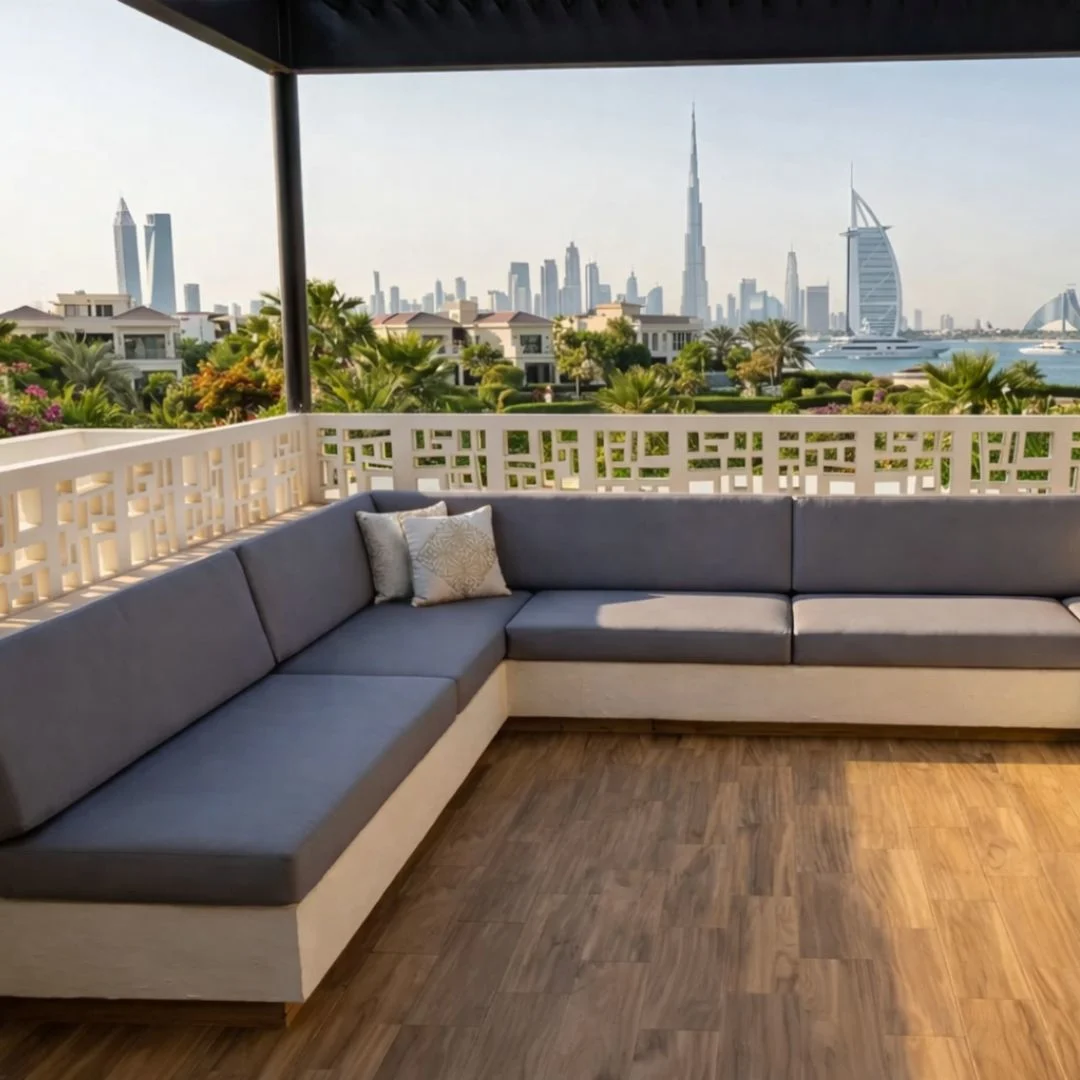 Expert Outdoor Furniture Repair Ideas showing modern terrace sofa restored with new cushions and durable outdoor fabric