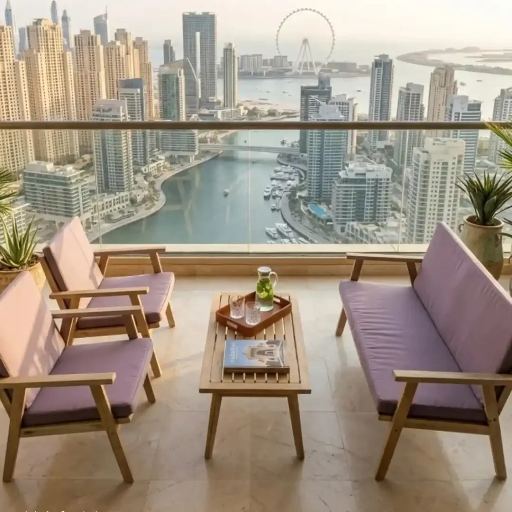 Complete guide to outdoor furniture showcasing a stylish balcony with comfortable seating and stunning views of the Dubai Marina skyline