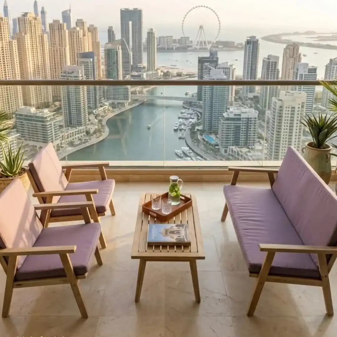 Complete guide to outdoor furniture showcasing a stylish balcony with comfortable seating and stunning views of the Dubai Marina skyline