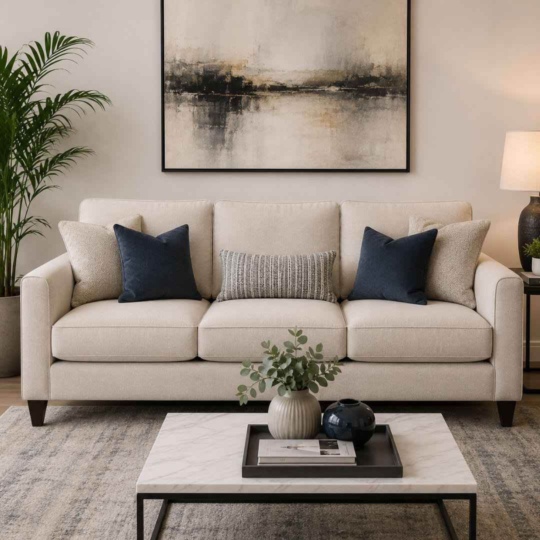 The Ultimate Sofa Upholstery Upgrade featuring a modern luxury sofa with premium fabric, plush cushions, and elegant living room styling