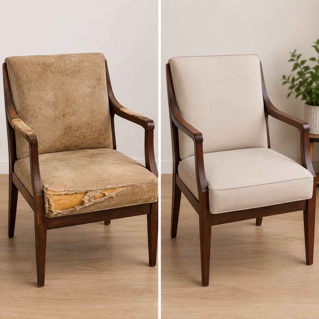 Professional Chair Upholstery Dubai before and after chair restoration showing damaged chair transformed into a modern upholstered chair