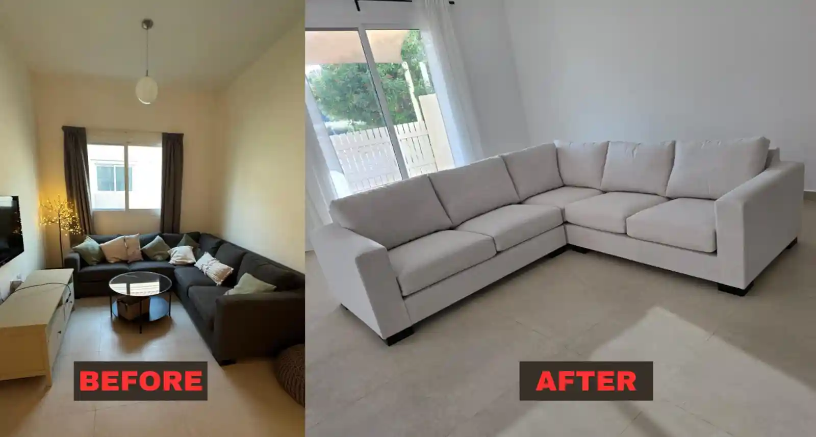 Before and after L-shaped sofa upholstery transformation in Dubai with premium white fabric