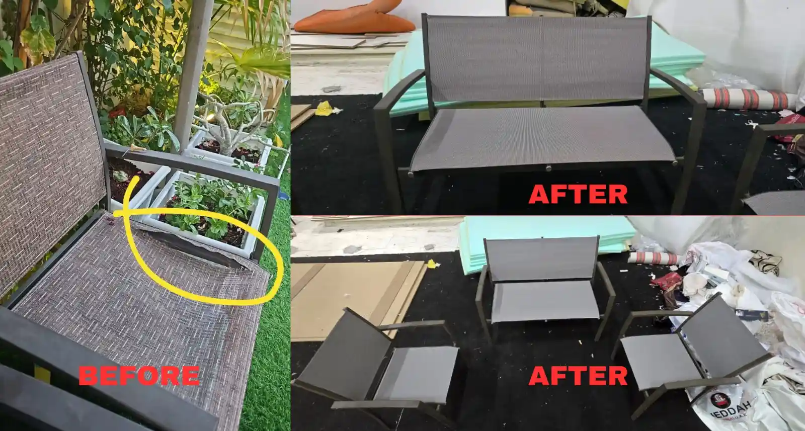 Before and after outdoor chair sling fabric replacement in Dubai