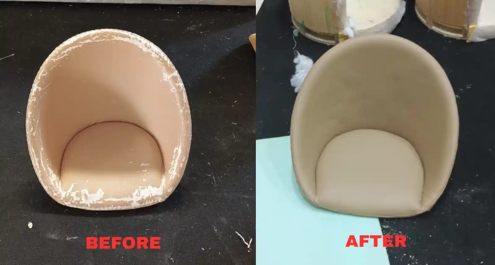 Before and after tub chair upholstery restoration with premium fabric in Dubai