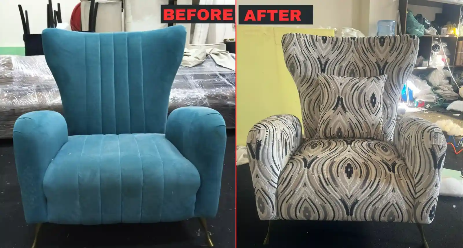 Before and after wingback chair upholstery with custom patterned fabric in Dubai