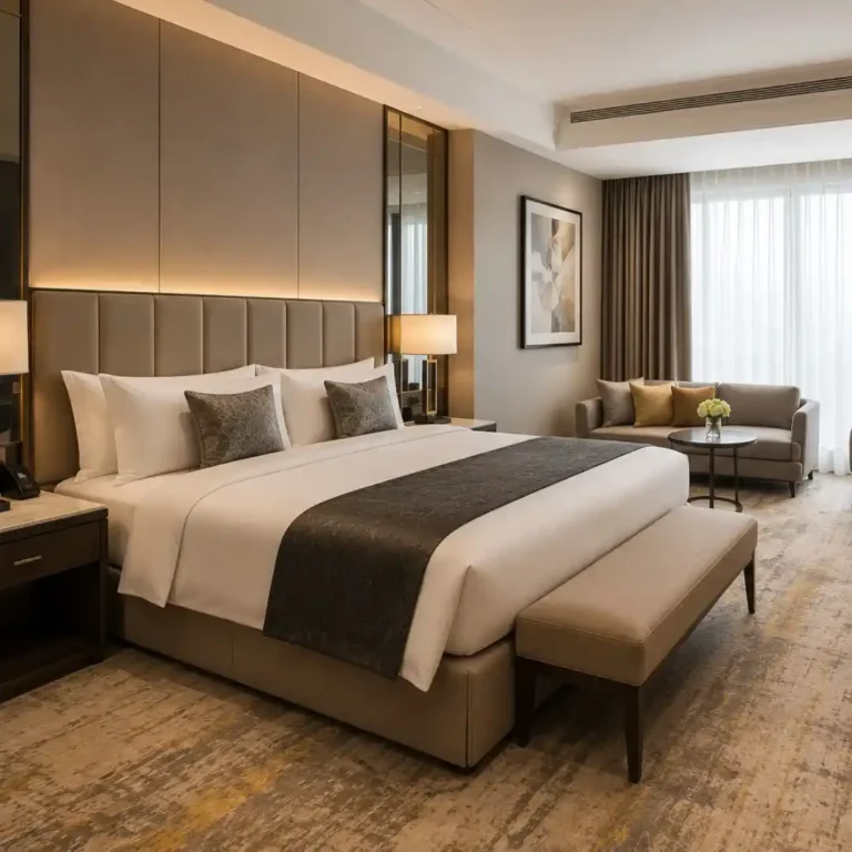 Choosing the Right Hotel Furniture featuring a luxury hotel room with premium bed, upholstered seating, and elegant modern furnishings.