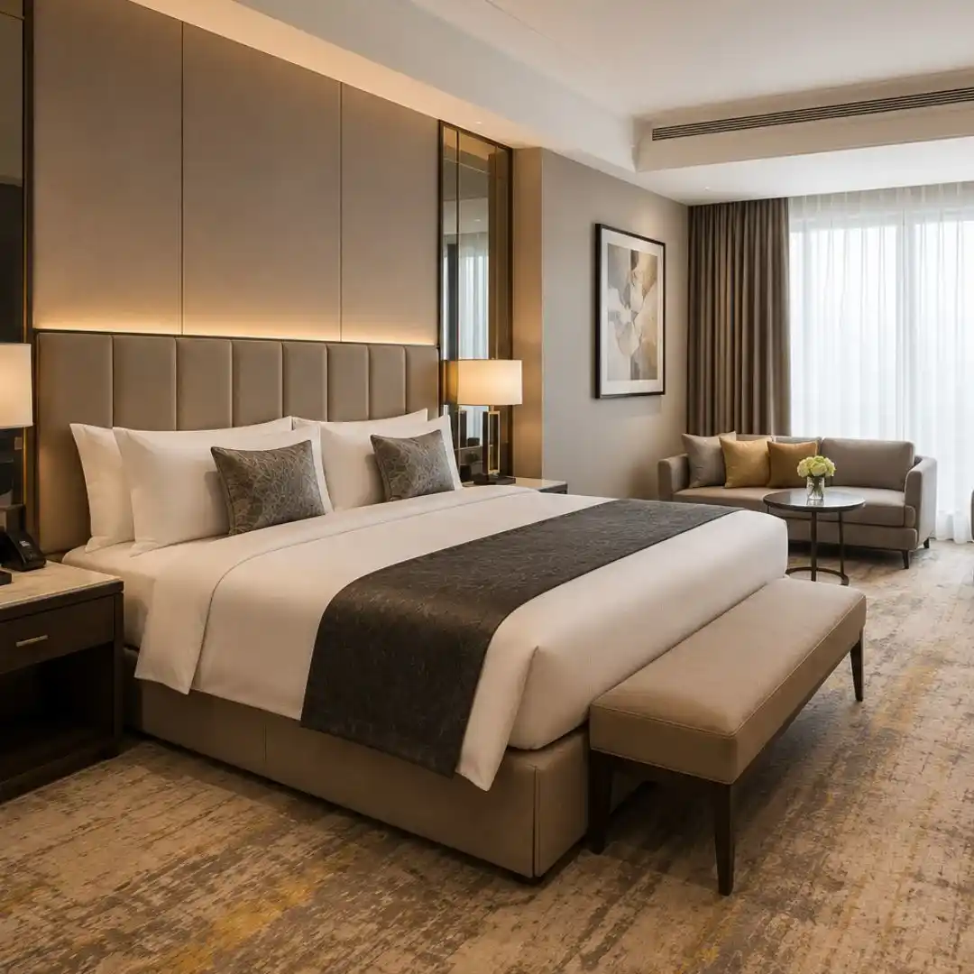 Choosing the Right Hotel Furniture featuring a luxury hotel room with premium bed, upholstered seating, and elegant modern furnishings.