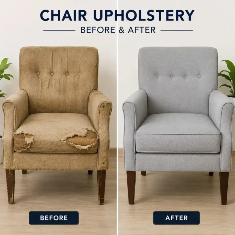 Expert Chair Upholstery Dubai Services showcasing a worn armchair transformed into a stylish, modern upholstered chair with premium fabric, new cushioning, and enhanced comfort through professional restoration.