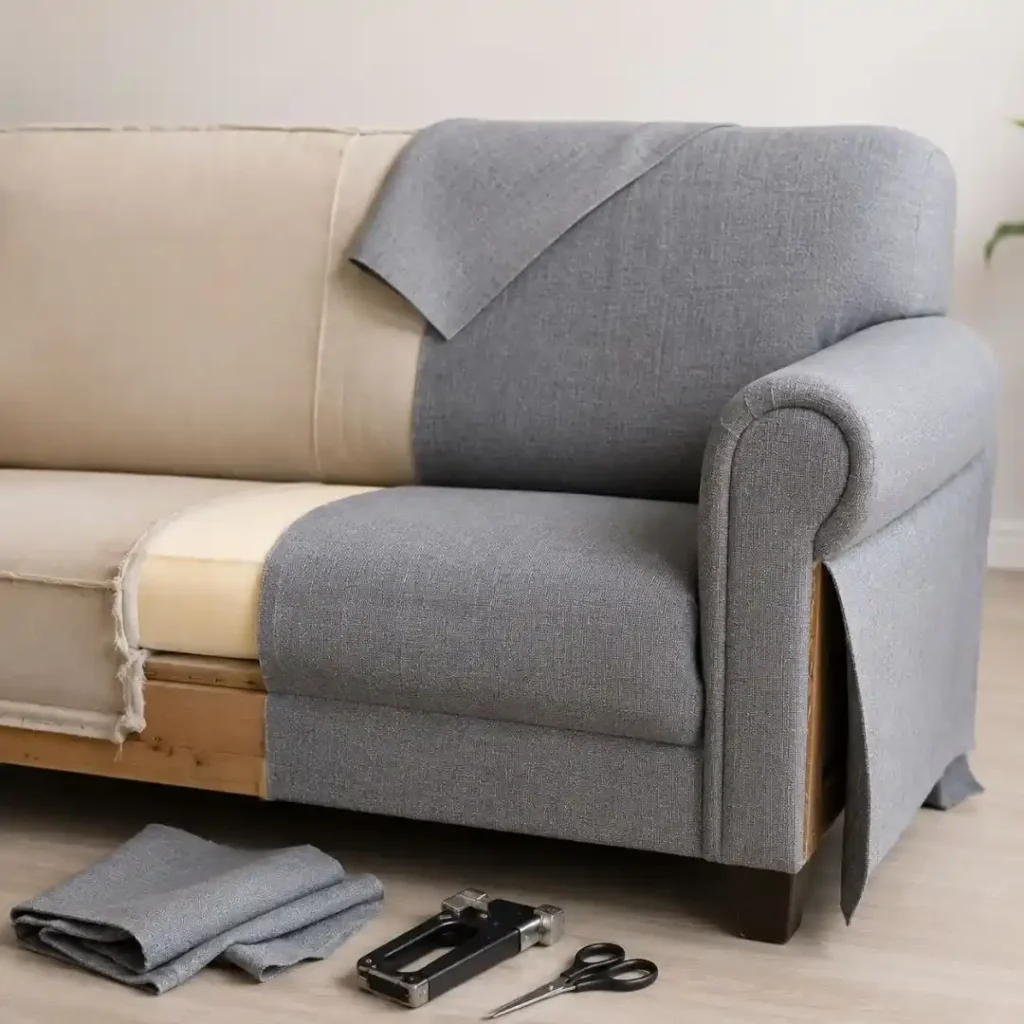 How to Choose the Best Material for Sofa featuring a modern fabric sofa upholstery project with premium fabric samples, fresh cushioning, and professional furniture restoration in a stylish living room.