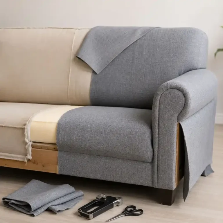 How to Choose the Best Material for Sofa featuring a modern fabric sofa upholstery project with premium fabric samples, fresh cushioning, and professional furniture restoration in a stylish living room.