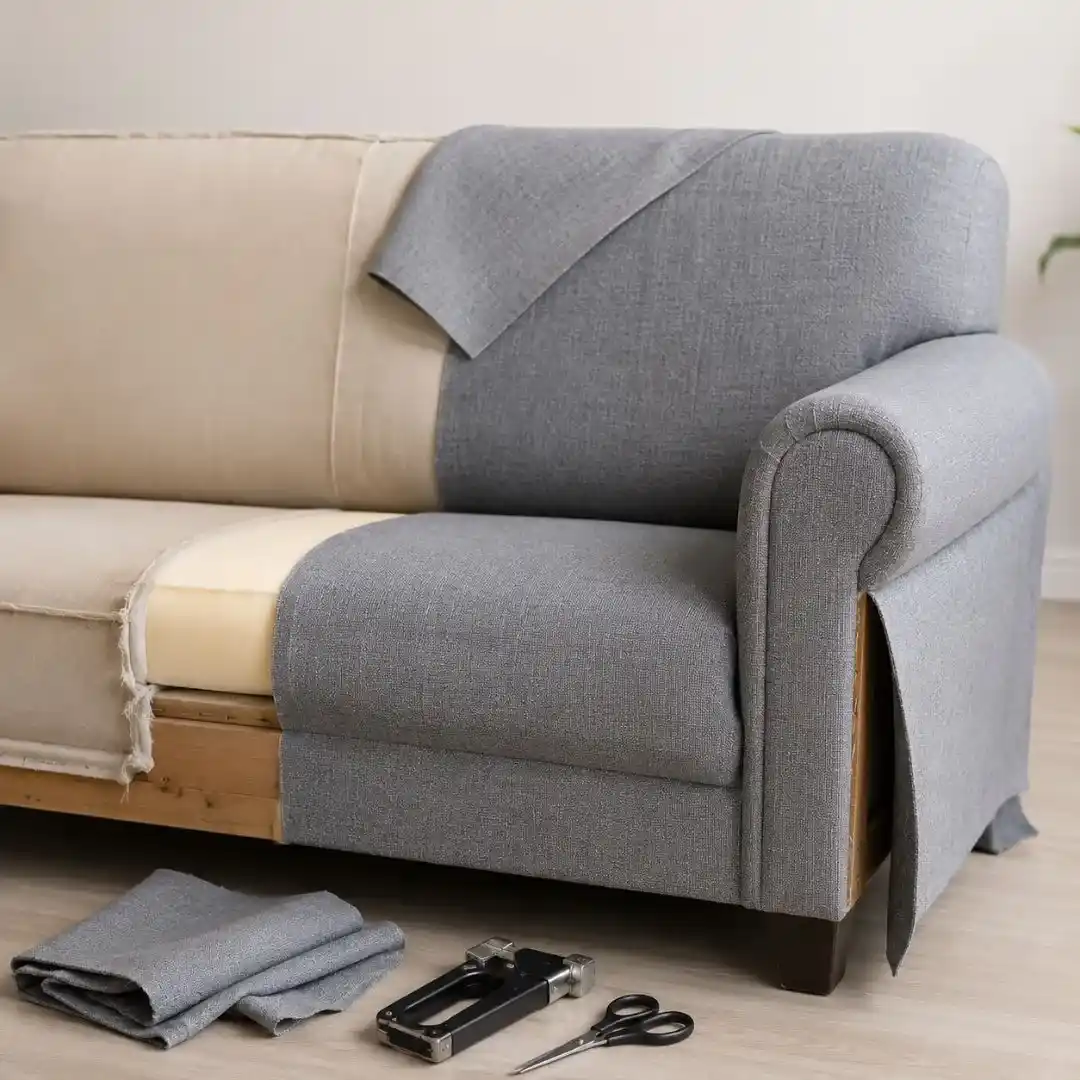 How to Choose the Best Material for Sofa featuring a modern fabric sofa upholstery project with premium fabric samples, fresh cushioning, and professional furniture restoration in a stylish living room.