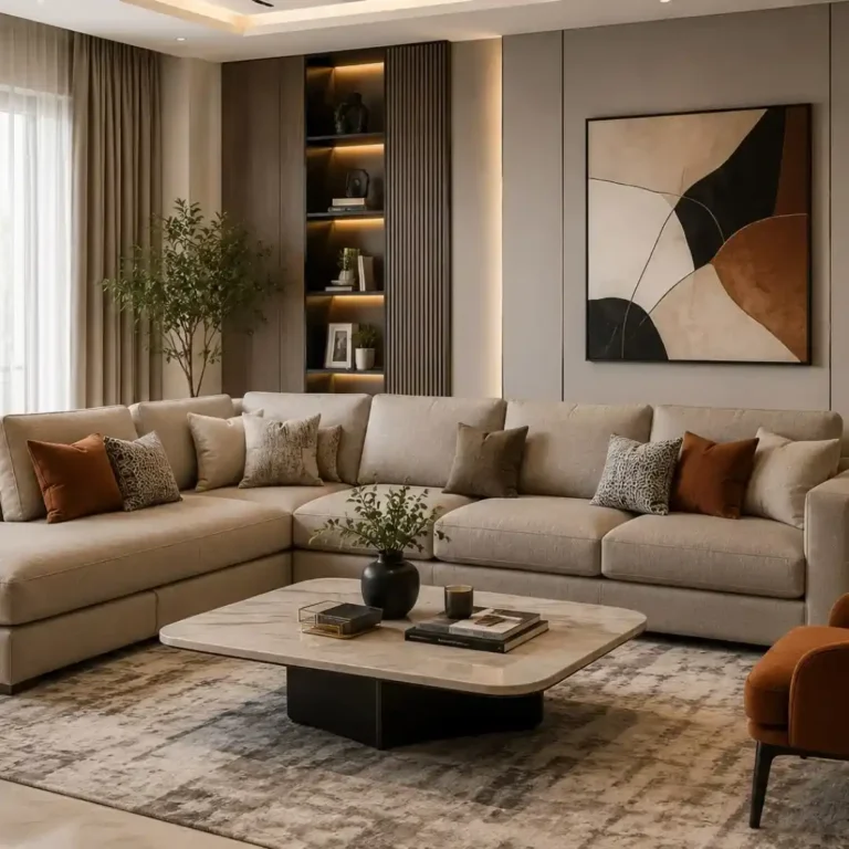 Trends That Redefine Modern Living Rooms featuring a stylish upholstered sofa, elegant décor, and contemporary interior design.