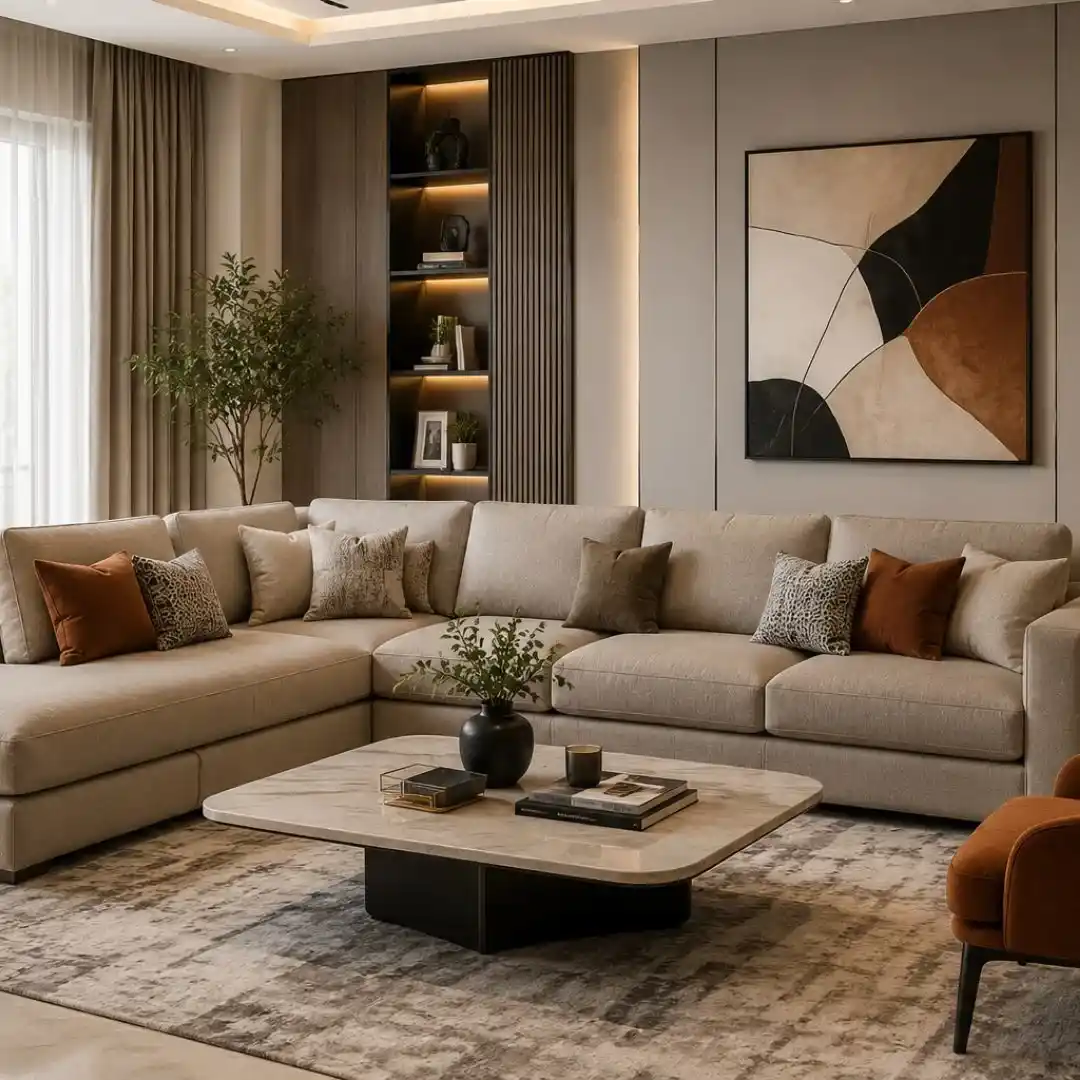 Trends That Redefine Modern Living Rooms featuring a stylish upholstered sofa, elegant décor, and contemporary interior design.