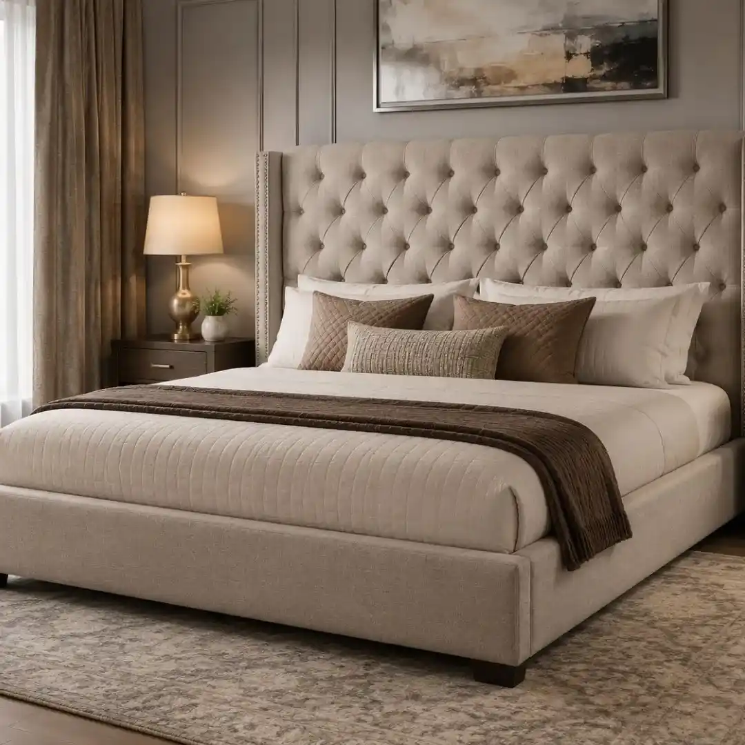 Luxury upholstered bed with a custom padded headboard, showcasing why homeowners prefer bed upholstery for enhanced comfort, style, durability, and modern bedroom aesthetics.