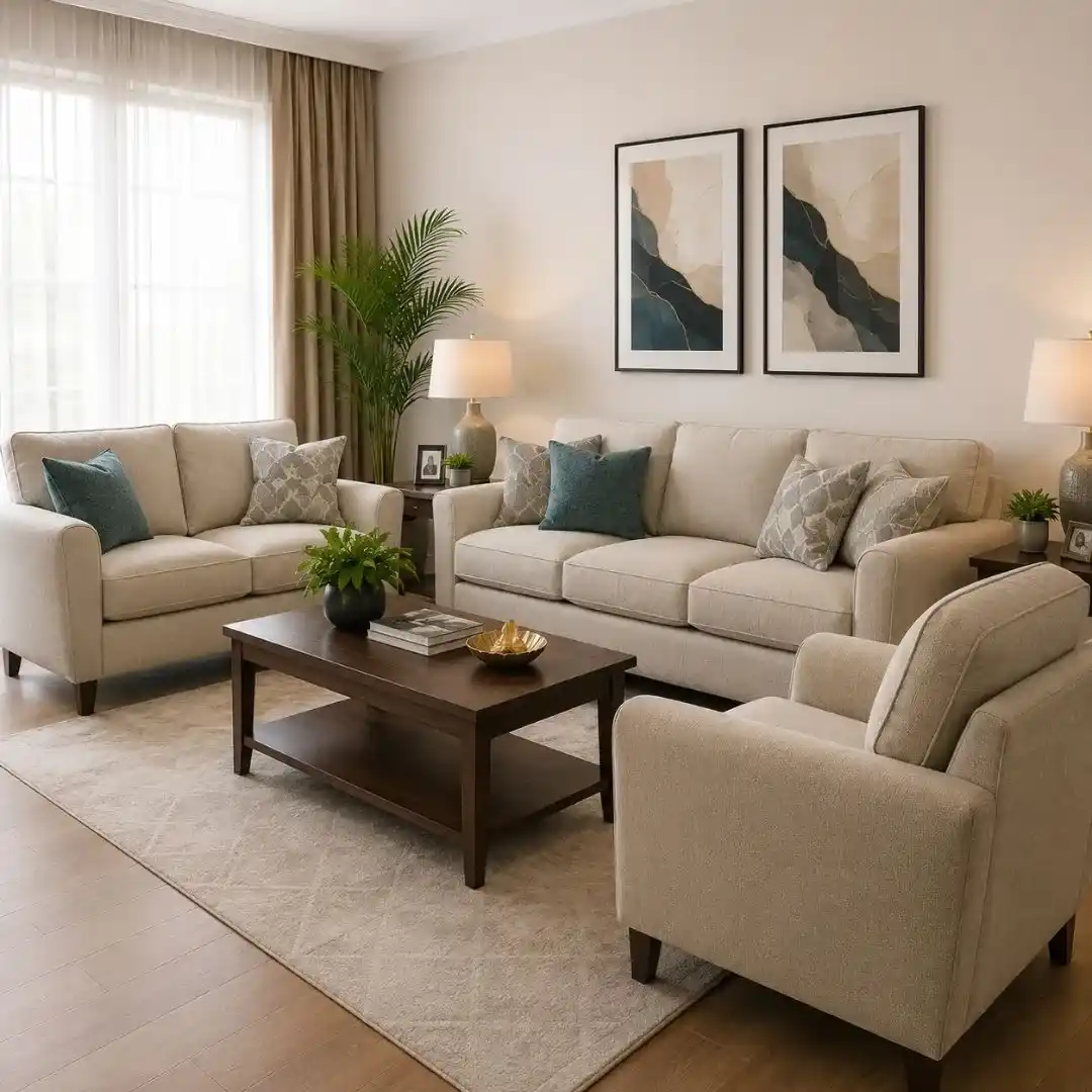 Why Living Room Furniture Upholstery matters for modern homes, featuring a stylish living room with upholstered sofas, armchairs, premium fabric furniture, elegant décor, and enhanced comfort.