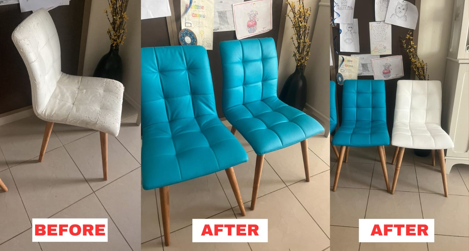 Before and after dining chair upholstery with premium leather in Dubai