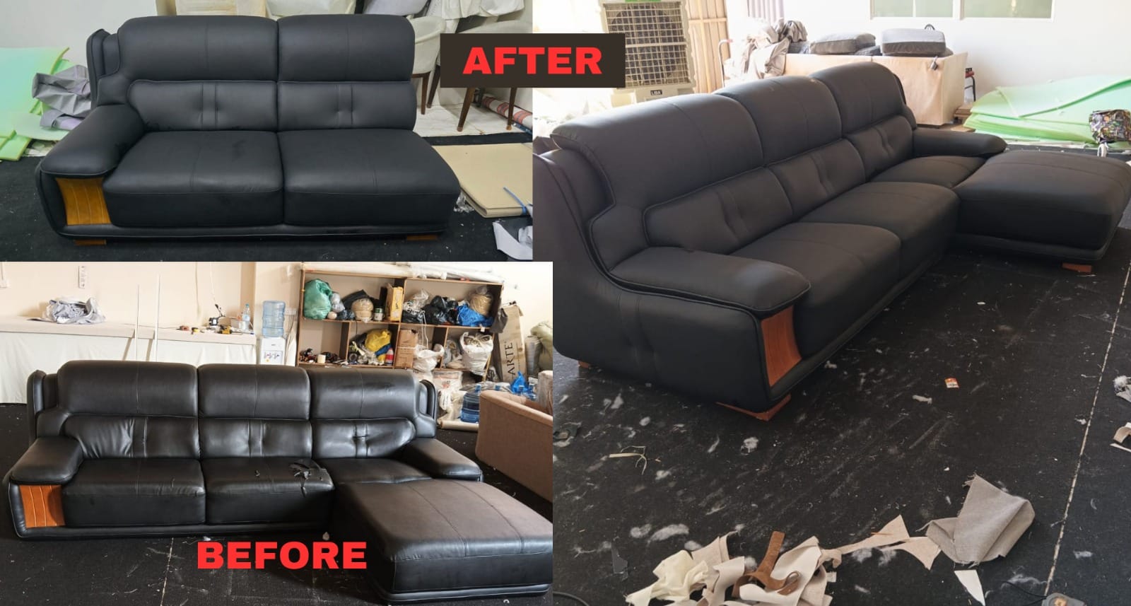 Before and after leather sectional sofa upholstery transformation in Dubai