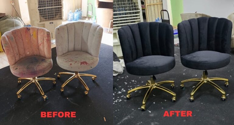 Before and after office chair upholstery transformation with black velvet fabric in Dubai