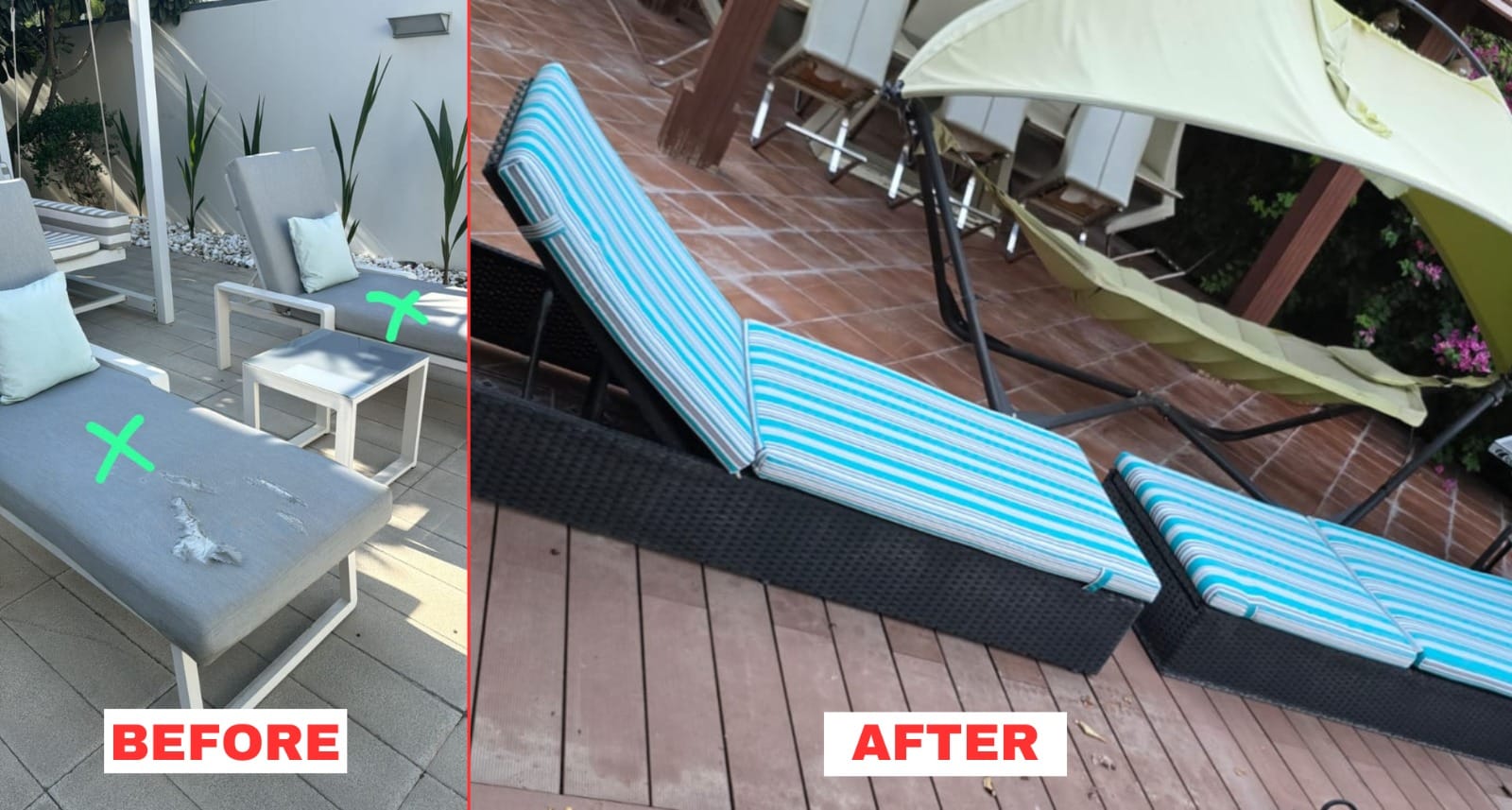 Before and after outdoor sun lounger cushion upholstery with waterproof fabric in Dubai