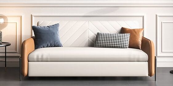 Modern custom upholstered sofa with premium fabric and leather armrests in Dubai