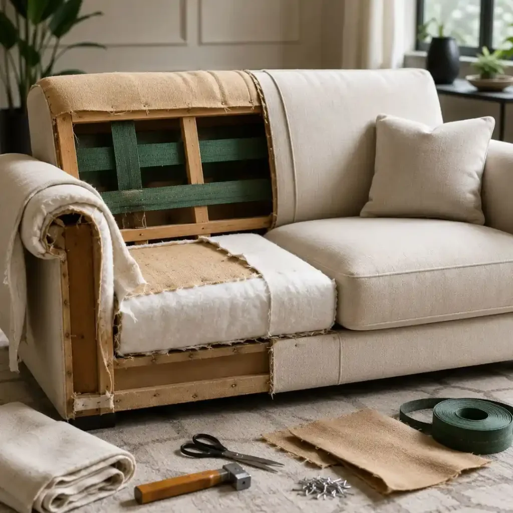 The Complete Guide to Sofa Repair featuring a luxury upholstered sectional sofa in a modern villa living room with elegant interior design.