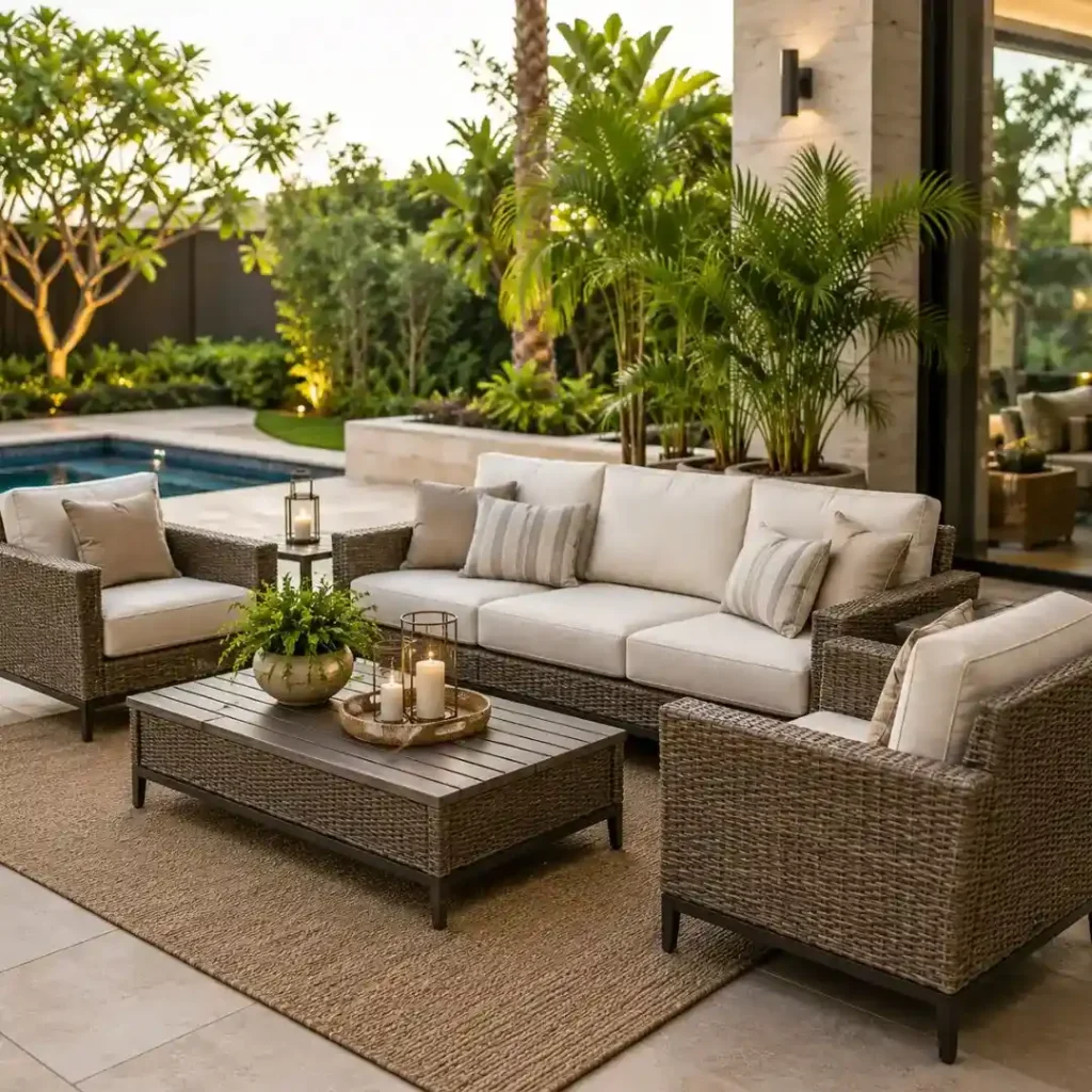 Why Quality Outdoor Furniture Is a Smart Investment for homeowners featuring a premium outdoor sofa set on a modern patio with weather-resistant cushions.
