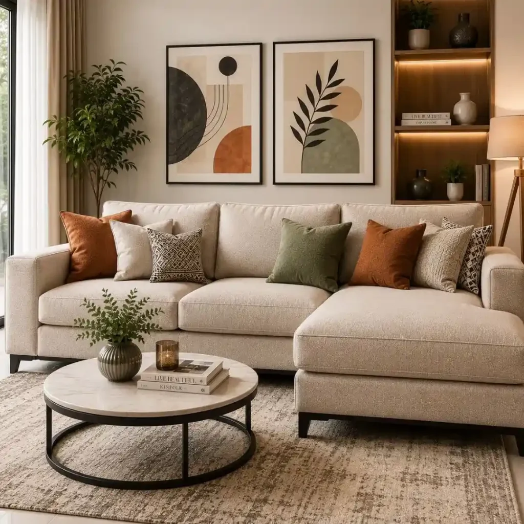 How to Choose the Perfect Sofa for Room featuring a modern beige sectional sofa in a stylish living room with elegant décor and comfortable seating.